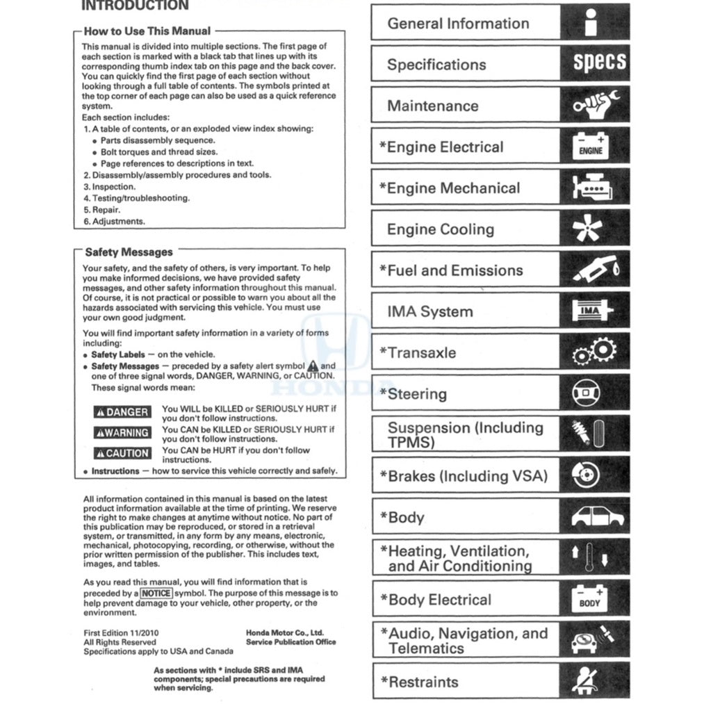 Honda INSIGHT Hybrid 2009-2017 Full Manual Set – Repair & Maintenance Manual and Electrical TROUBLESHOOTING Manual - page 2